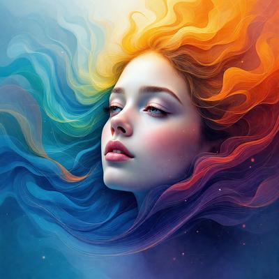 The primary subject of the image is a woman with long, flowing hair. She is the main focus of the image, and her features are prominently displayed. The setting is a colorful, abstract background that complements the woman's appearance. The visual style is a digital art or illustration, with a vibrant and lively atmosphere. The colors and mood of the image are predominantly blue and orange, creating a sense of depth and warmth.
